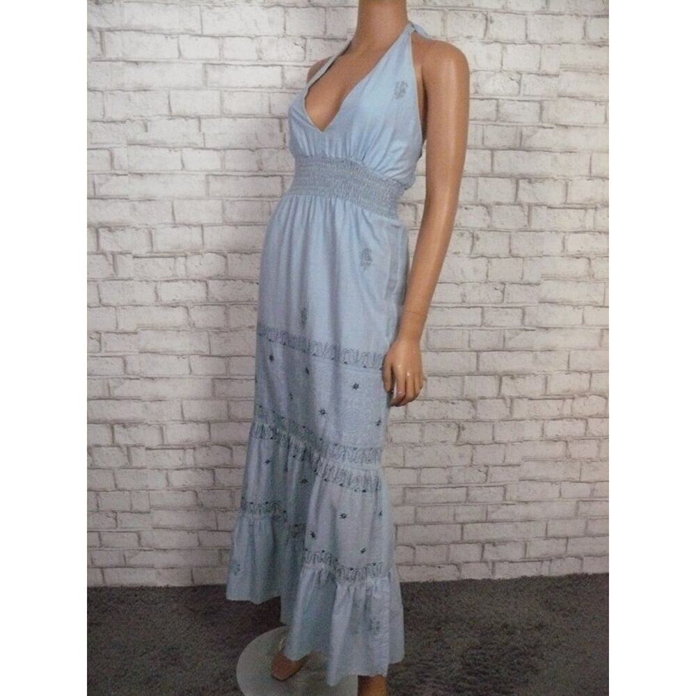 $300 Sky Blue Smocked Boho Silk Embroidered Tiered Halter Maxi Dress XS NEW - Picture 5 of 9